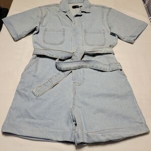 PrettyLittleThing Light Blue Turn Up Hem Oversized Tie Waist Dinem Playsuit Sz 2